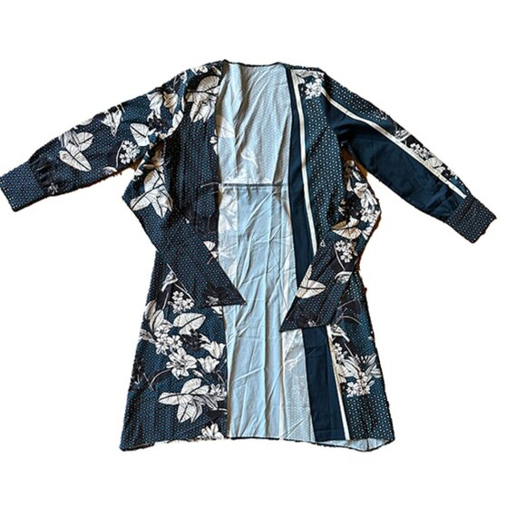 Zara Teal Blue Floral Dotted Patchwork Printed Satin Belted Kimono Robe Size S/M - Picture 3 of 9